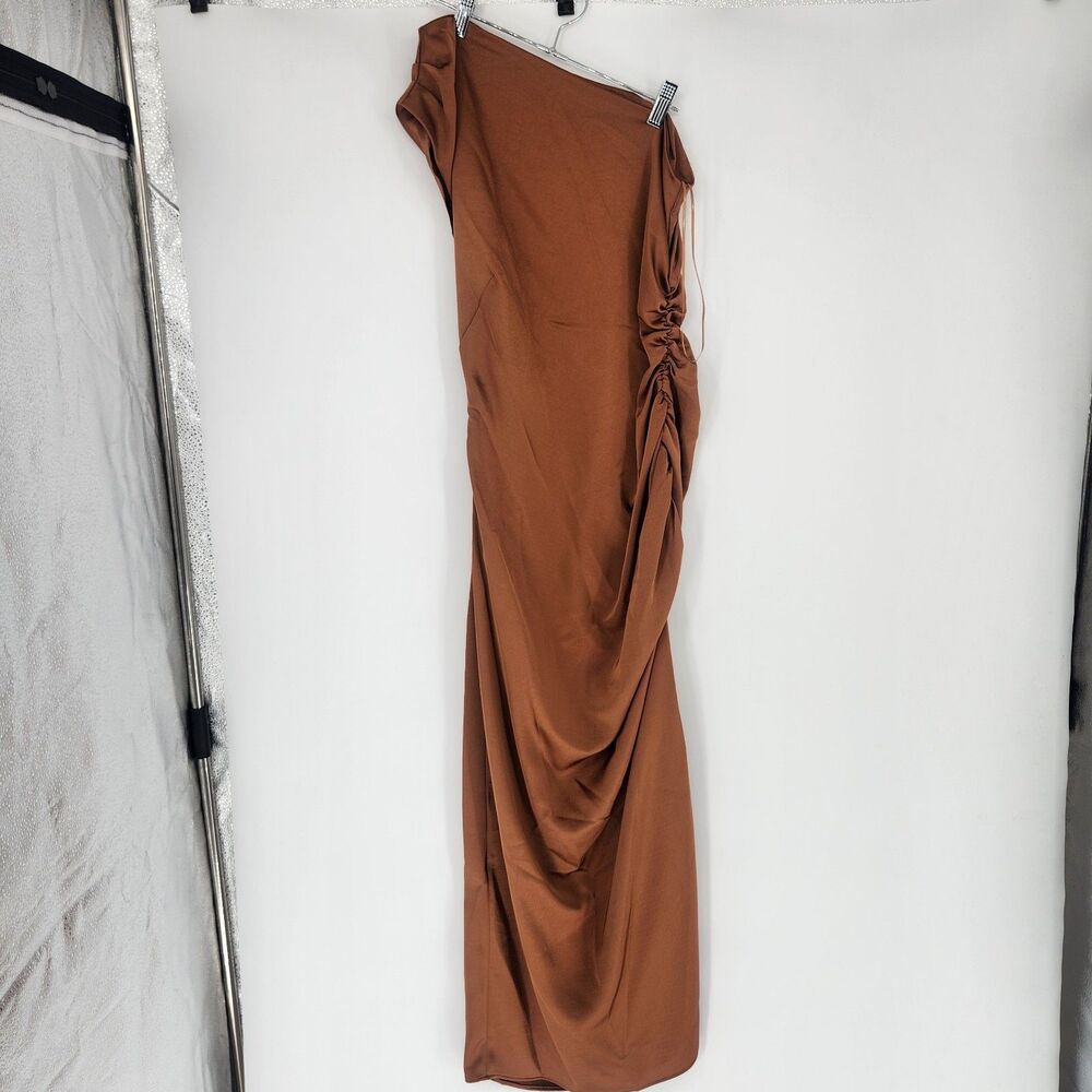 Mango MNG Women's Copper Brown Size 8 Large Asymmetrical Satin Dress‎ NWT
